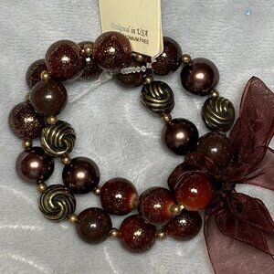Multi brown Glass Shimmery beads Gold tone Bead Two Stretch Bracelet